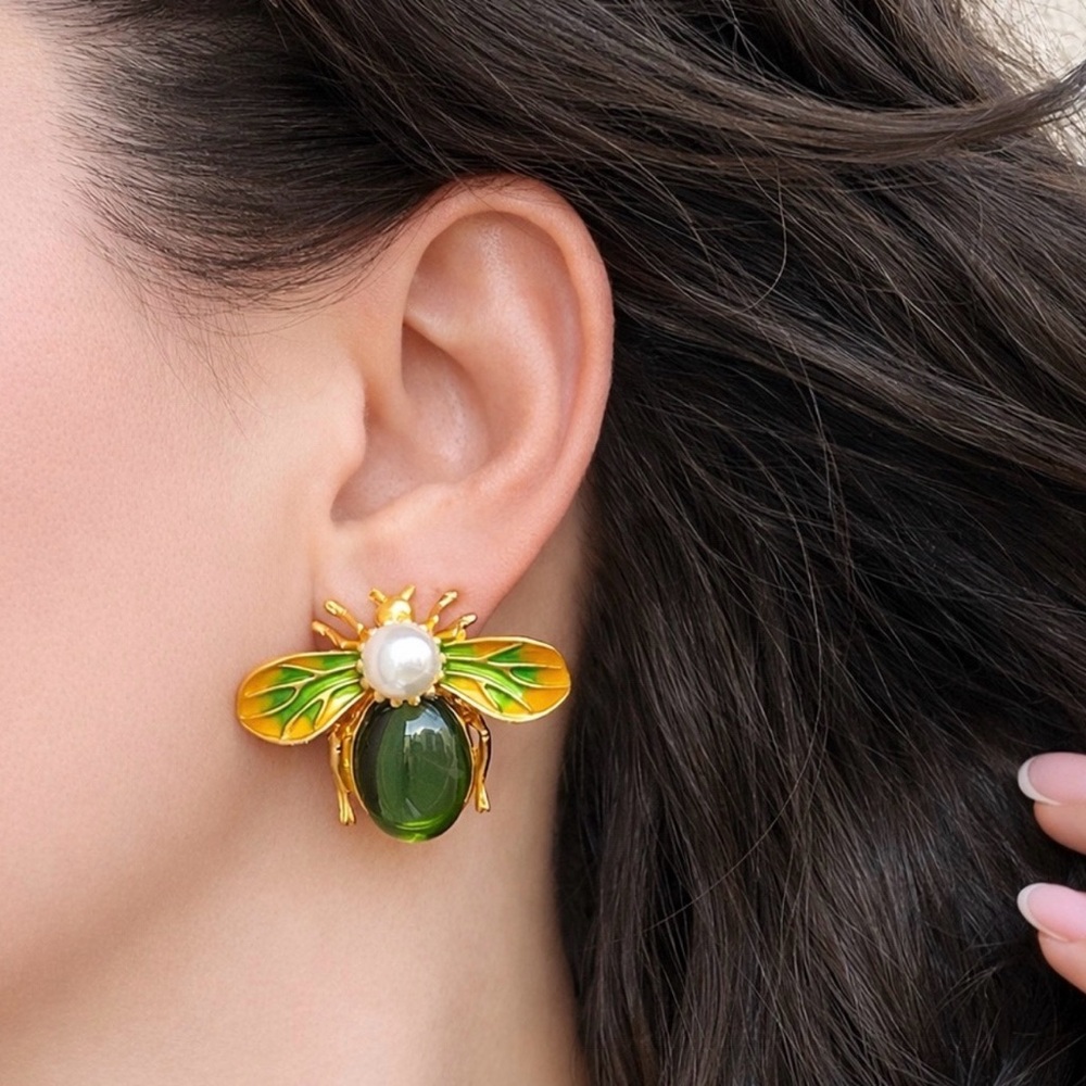 Gold and Green Bee Earrings